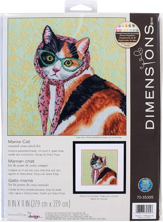 Dimensions 70-35395 Mama Cat Counted Cross Stitch Kit, 14 Count Light Green Aida Cloth, 11'' x 11''