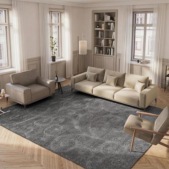 SAFAVIEH Area Rug 9x12 - Florida Shag Collection - Large - Grey, Scroll Design, Non-Shedding & Easy to Clean, High-Low Plush Pile, Ideal for Living Room, Bedroom, Dining Space (SG455-8013)