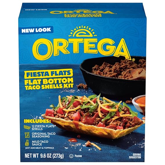 Ortega Fiesta Flats Taco Kit, 12 Flat Bottom Taco Shells, Taco Seasoning and Taco Sauce