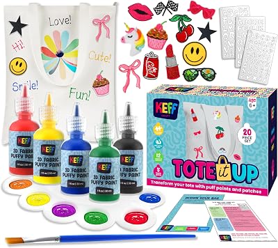 KEFF Decorate Your Own Tote Bag Kit - Crafts for Kids Ages 8-12 with Tote Bag, 12 Embroidered Patches, 5 Colors Fabric Paint Puff Paint, Paint Brush, Palette, 3-Style Letter Stencils & Instructions
