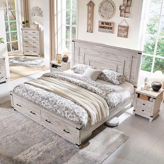 T4TREAM 54" Tall Farmhouse Queen Size Bed Frame, Antique Brushed White | Tall Geometric Headboard, 2 Large Storage Drawers, Wood Slats Support, No Box Spring Needed, Wood Platform Bed Frame