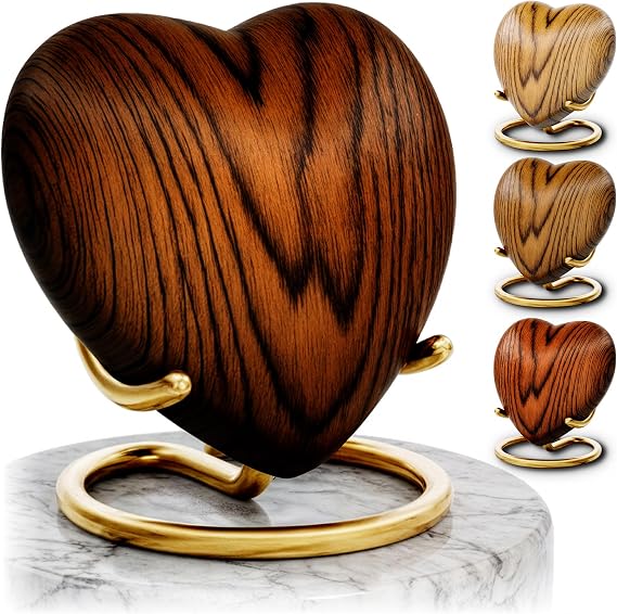 Small Urns for Ashes Keepsake Heart Shape Design, Miniature Small Cremation Urn for Pet or Sharing, Capacity of 3-4 Table Spoons, Male or Female, Choose from 4 Colors, Metal with Wood Finish Cherry