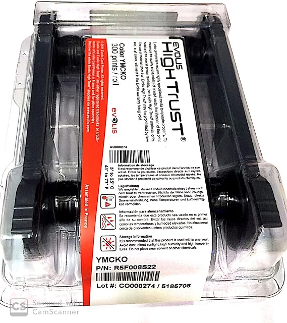 Evolis R5F008AAA Consumables, YMCKO Color Ribbon, Primacy Compatible, 300 Prints, 1 Roll