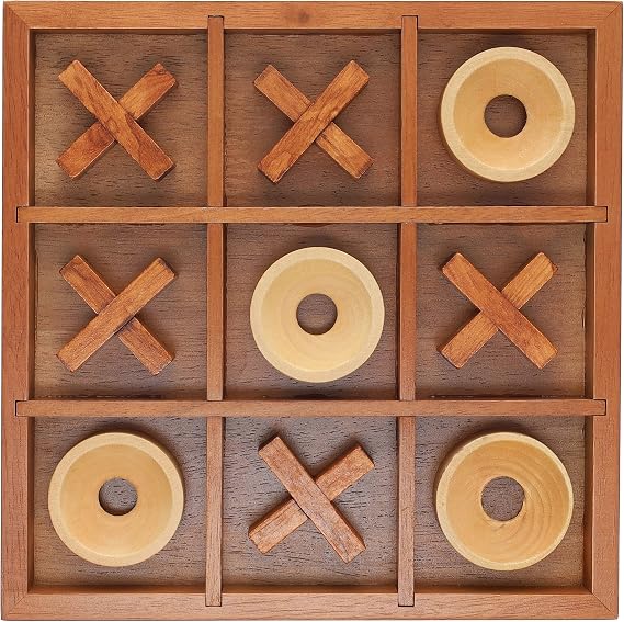 Wooden Tic Tac Toe Game 9 Inch Solid Wood Board with X and O Pieces, Decorative Coffee Table Game, Classic Home Decor Accent