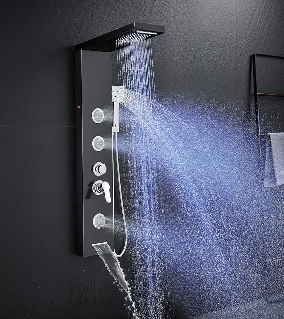 LED Shower Panel System with Massage Jets Stainless Steel Black