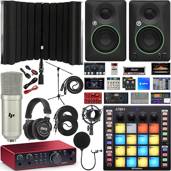 Focusrite Scarlett 2i2 4th Gen 2x2 USB Audio Interface Full Studio Bundle with Software Kit, CR3.5 Creative Multimedia Monitors, ATOM MIDI Pad Controller, Boom Arm & Isolation Recording Shield