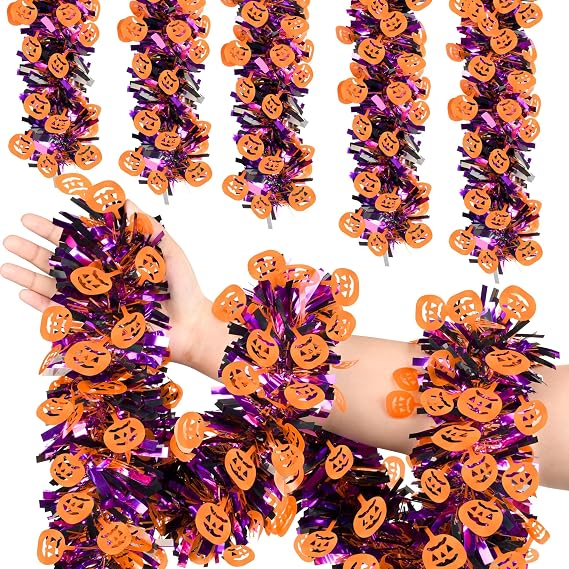 50FT Halloween Tinsel Garland, Thick Glitter Purple Orange Pumpkin Garlands Metallic Holiday Hanging Streamers for Halloween Party Supplies Indoor Outdoor Decoration