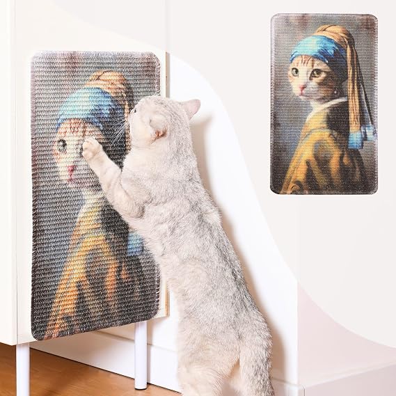 Furrther Sisal Cat Scratcher Post Mat (Use on Wall, Couch and Carpet), Shedding-Resistant Scratching Surface - 21.7x13 with Hoop and Loop Adhesives, Pads and Twist Pins (Cat with A Pearl Earring)