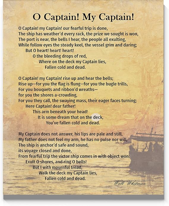 O Captain My Captain Walt Whitman Poster 11x14" Poetry Wall Decor, Unframed Poem Art Poster for Home, Office, Classroom, Library. Typography Gift For Dad, English Teacher, Librarian, Fathers Day