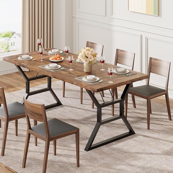 IDEALHOUSE Farmhouse 70.9" Dining Table for 6, Rectangular Wood Dining Tables, Rustic Kitchen Table with Extra Heavy Duty Metal Legs for Restaurant, Outdoor Table for Party,Brown