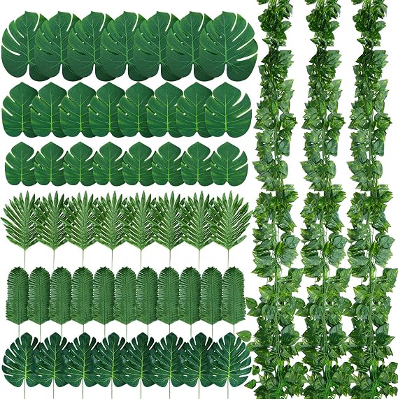 XunYee 84 Pcs Total 165.35 ft Jungle Theme Party Decoration, Tropical and Monstera Palm Leaves, 2026 Artificial Ivy Rattan Vines, Fake Greenery Faux Leaves for Baby Shower Safari Party Decoration Set