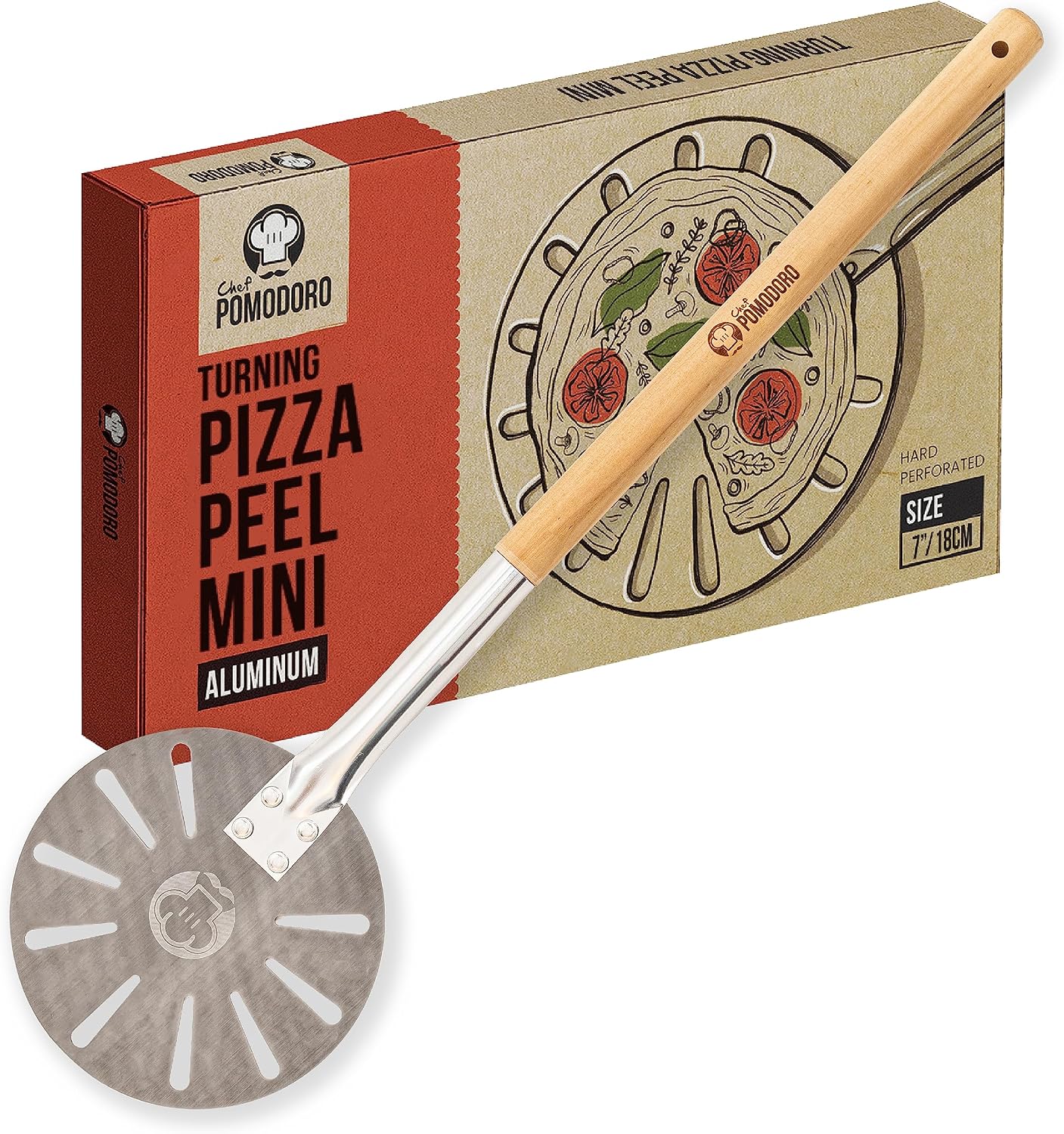 Chef Pomodoro Mini Pizza Turning Peel with Aluminum Handle for Easy Storage, 18cm 7-inch, Gourmet Luxury Turning Peel for Baking Homemade Pizza and Bread