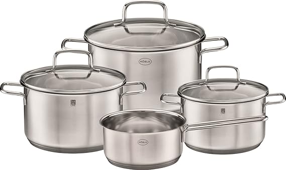 RÖSLE Stainless Steel 18/10 Pot Set 4-Piece with Glass Lid and Pouring Rim