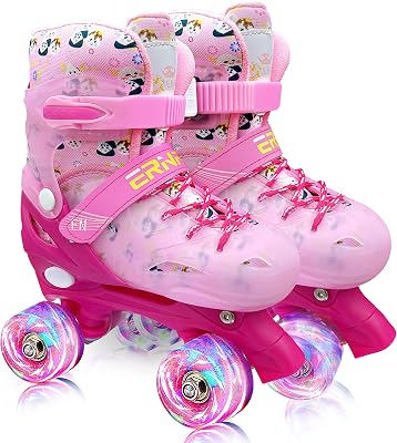12-4 Size Adjustable Roller Skates Beginner for Kids,Quad Skates for Girls with Light Up Wheels, Roller Blades as Gift for Toddler Age 4-9 Children, Youth, Teenagers
