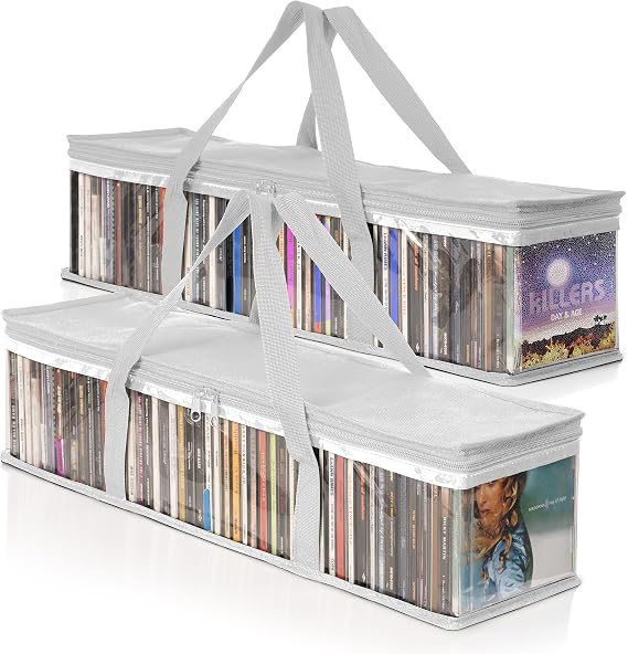 Besti CD Storage Bags - 2-Pack Clear Plastic Holder Case for Music Disc - Sturdy Stitched, Strong Handle, Fits 96 Albums & Movies - Portable Carrying Organizer for Travel Or Cabinet (White)