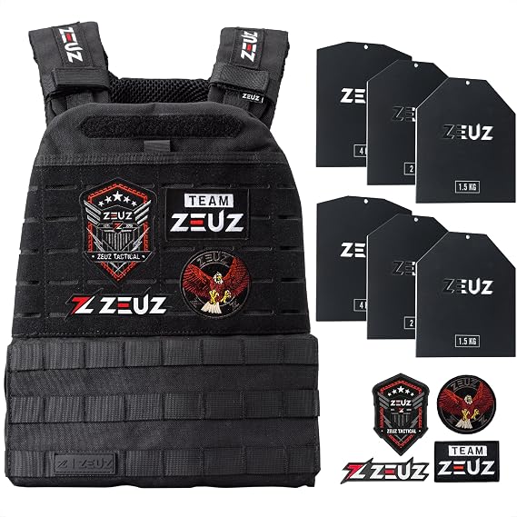 ZEUZ Verstellbare Gewichtsweste 165 KG für Fitness Calesthenics & CrossFit - Weights Plattenträger Taktische Weste Plate Carrier & Tactical Gewicht Vest - Enthält 4 Patches - 19 Gewichte