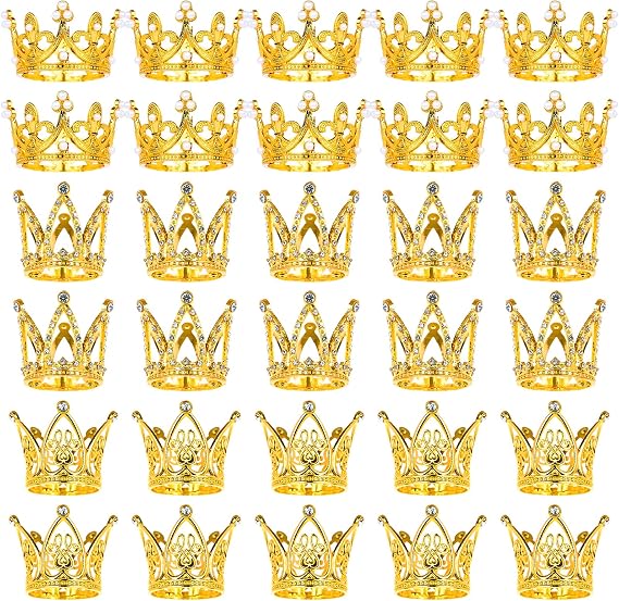 30 Pcs Crowns for Flower Bouquets, Gold Crown Cake Topper, Mini Crown for Flower Bouquet, Pearl Tiara Princess Gold Crown for Wedding Baby Shower Birthday Girl Lady Bridal Party Cake Decor 3 Style