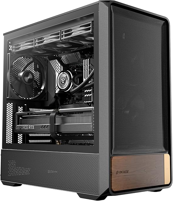 Okinos Air Cross, Genuine Walnut Wood ATX Case, 3140mm PWM Fan & 2x120mm Reverse PWM Fan Pre-Installed, Airflow Optimized Mesh Panels, Back-Connect Motherboard Compatible, Mid Tower PC Case, Type C