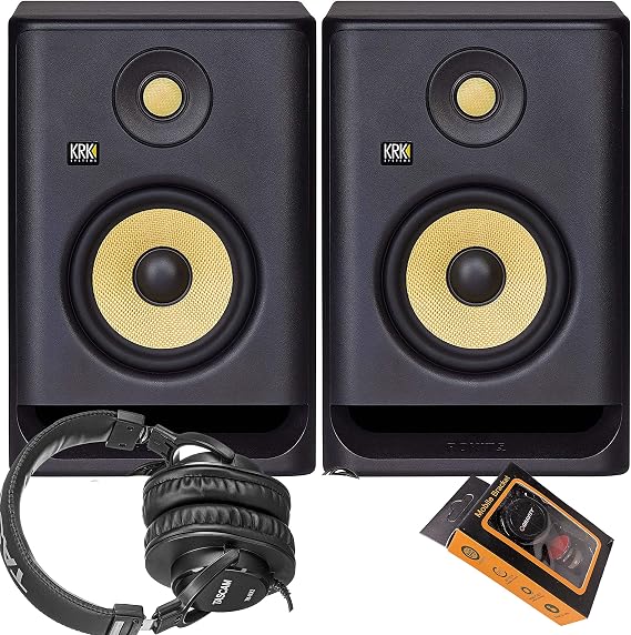 KRK RP5 Rokit 5 G4 Professional Bi-Amp 5" Powered Studio Monitor Pair + TH-MX2 Headphone + Magnet Phone Holder, Black (KRK1205-003)
